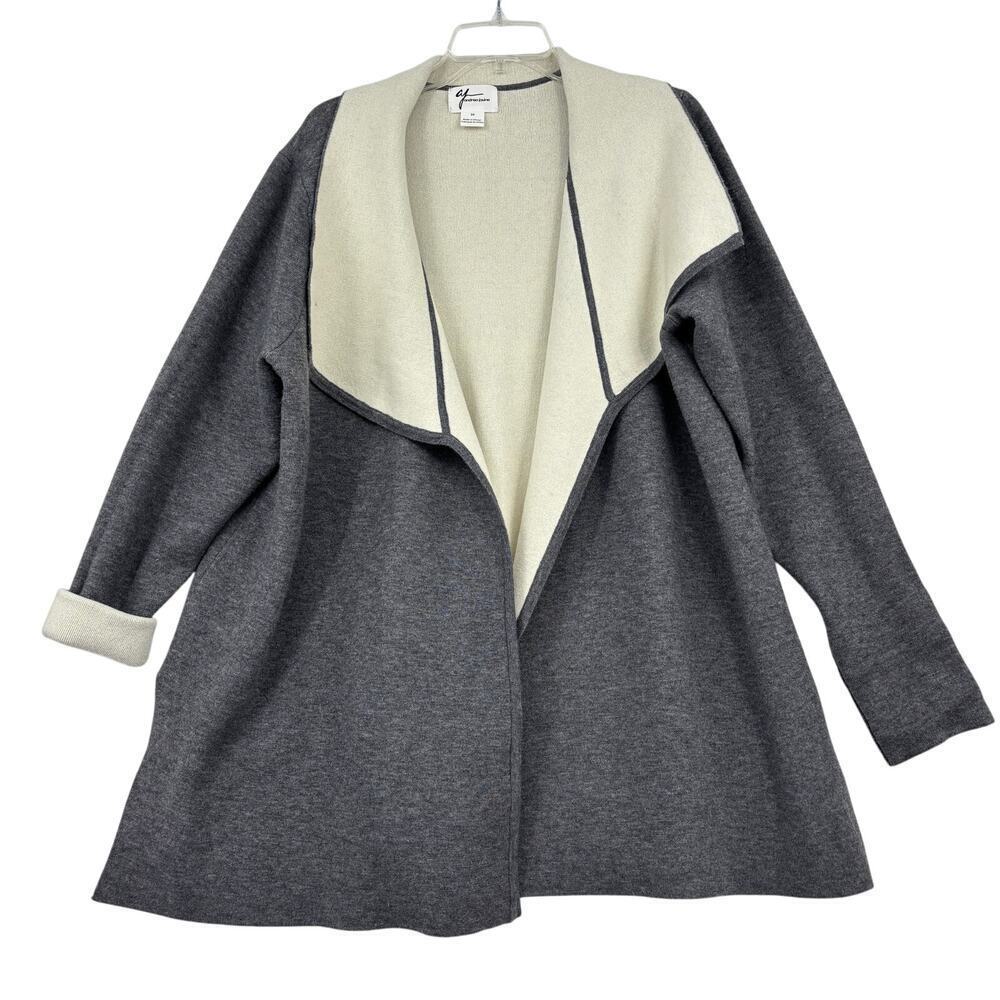 Andrea Jovine Open‎ Sweater Jacket Cardigan 3X Gray Cream Thick Knit Stretch